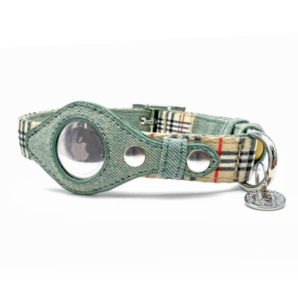 Beige Plaid & Denim - Apple Airtag Collar - Small