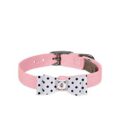Puppy Pink/Black & White Polka Dot  - Susan Lanci Designs Black & White Polka Dot Big Bow Collar - Small
