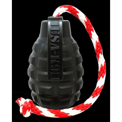 Black - USA-K9 Grenade Durable Rubber Chew Toy, Treat Dispenser, Reward Toy, Tug Toy, and Retrieving Toy - Large