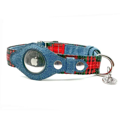 Red Plaid & Denim - Apple Airtag Collar - Large