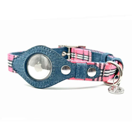 Pink Plaid & Denim - Apple Airtag Collar - XS