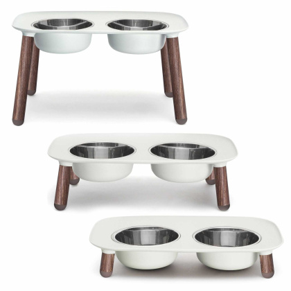 Grey Wood - Messy Mutts Adjustable Elevated Double Feeder with Stainless Bowls  - 6 Cups