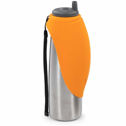Messy Mutts Double Wall Stainless Travel Water Bottle with Silicone Flip Up Bowl Orange 20oz
