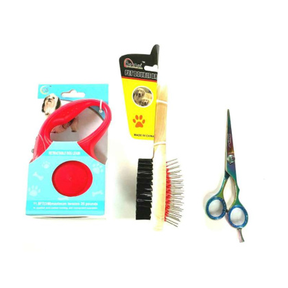 Retractable Dog Leash Double Brush Grooming Hair Scissors Complete Gift Set